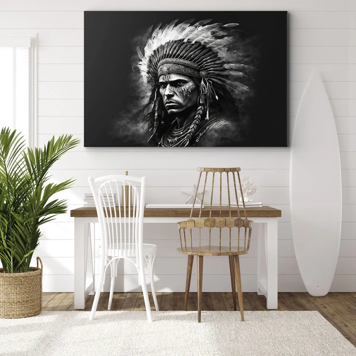 Impression sur toile - Image sur toile - Portrait d'un chef portant une coiffe à plumes sur fond noir - 120x80cm - Un leader et un guerrier - Décoration murale moderne pour le salon et la chambre ARTTOR