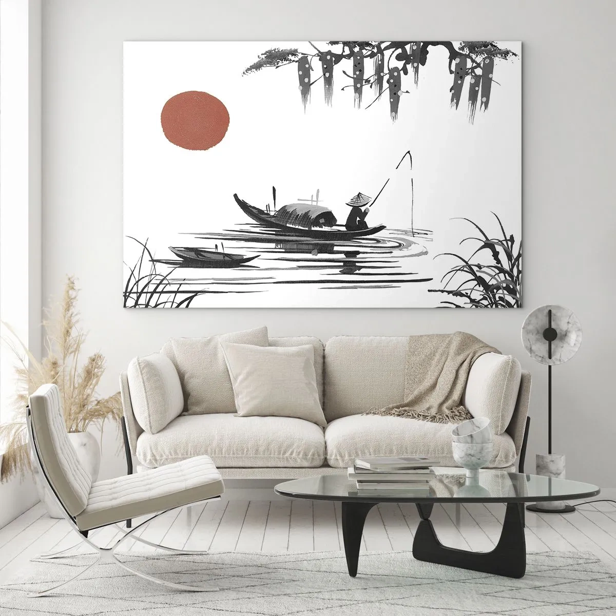 Impression sur verre - Image sur verre - Bateau de pêche traditionnel sur une rivière avec un soleil rouge - 100x70cm - Après-midi asiatique - Décoration murale moderne pour le salon et la chambre ARTTOR