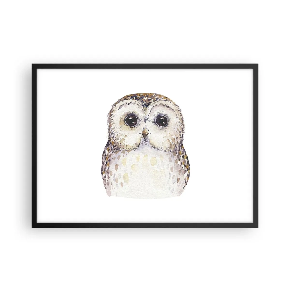 Affiche dans un cadre noir - Poster - Portrait d'un hibou sur fond clair aux couleurs délicates - 70x50cm - Regarde-moi dans les yeux - Décoration murale moderne pour le salon et la chambre ARTTOR