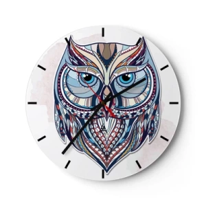 Horloge murale - Pendule murale - Hibou coloré de style géométrique sur fond blanc - 30x30cm - Chouette ornementale élaborée - Décoration murale moderne pour le salon, la cuisine et la chambre ARTTOR