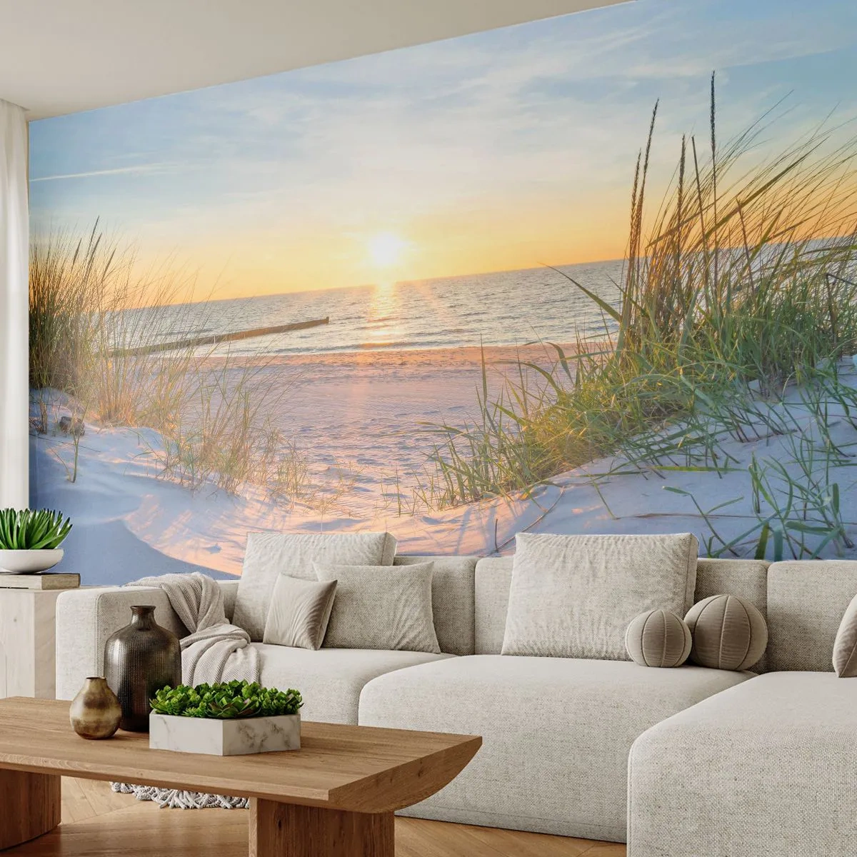 Papier Peint Photo Premium Sand - Coucher de soleil sur une plage de sable avec des dunes - 100x70cm - Le bruit de la mer, le chant des oiseaux, une plage sauvage parmi les herbes… - Décoration murale moderne pour le salon et la chambre ARTTOR