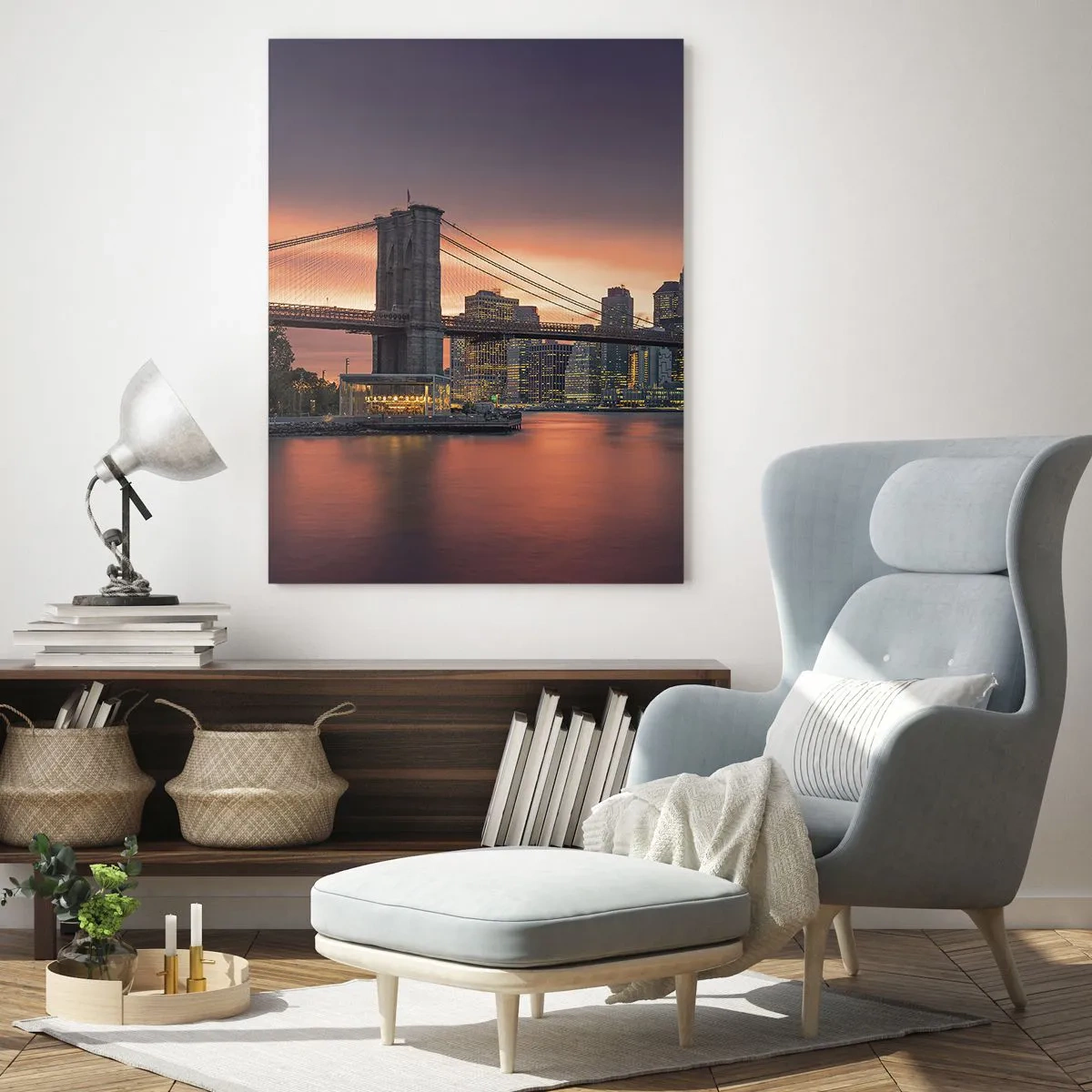 Impression sur verre - Image sur verre - Pont de Brooklyn au coucher du soleil - 50x70cm - Immergé dans le silence lilas - Décoration murale moderne pour le salon et la chambre ARTTOR