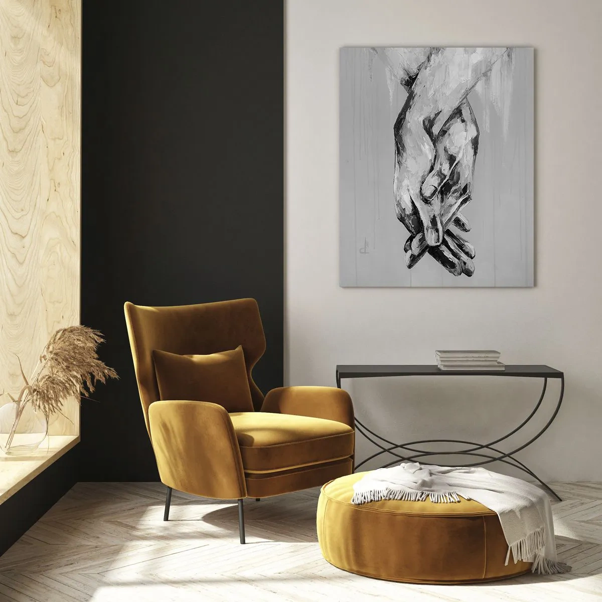 Impression sur verre - Image sur verre - Peinture en noir et blanc de deux mains se tendant l'une vers l'autre - 50x70cm - Début... - Décoration murale moderne pour le salon et la chambre ARTTOR