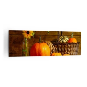 Impression sur toile - Image sur toile - Composition d'automne avec citrouilles et fleurs sur fond de bois - 160x50cm - Une composition rustique - cadeaux d'automne - Décoration murale moderne pour le salon et la chambre ARTTOR