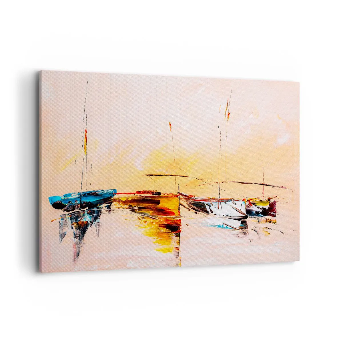 Impression sur toile - Image sur toile - Bateaux colorés sur une eau calme au coucher du soleil - 120x80cm - Soirée à la marina - Décoration murale moderne pour le salon et la chambre ARTTOR