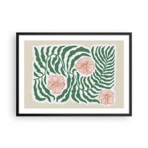 Affiche dans un cadre noir - Poster - Un motif minimaliste de feuilles vertes avec des fleurs dans des tons orange. - 70x50cm - Fleurit en vert - Décoration murale moderne pour le salon et la chambre ARTTOR