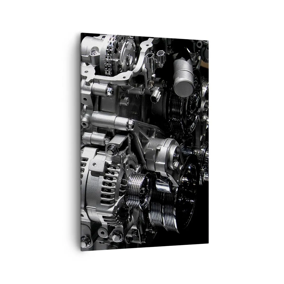 Impression sur toile - Image sur toile - Gros plan de pièces de moteur en métal sur fond noir - 80x120cm - Acier, beau, fort - Décoration murale moderne pour le salon et la chambre ARTTOR