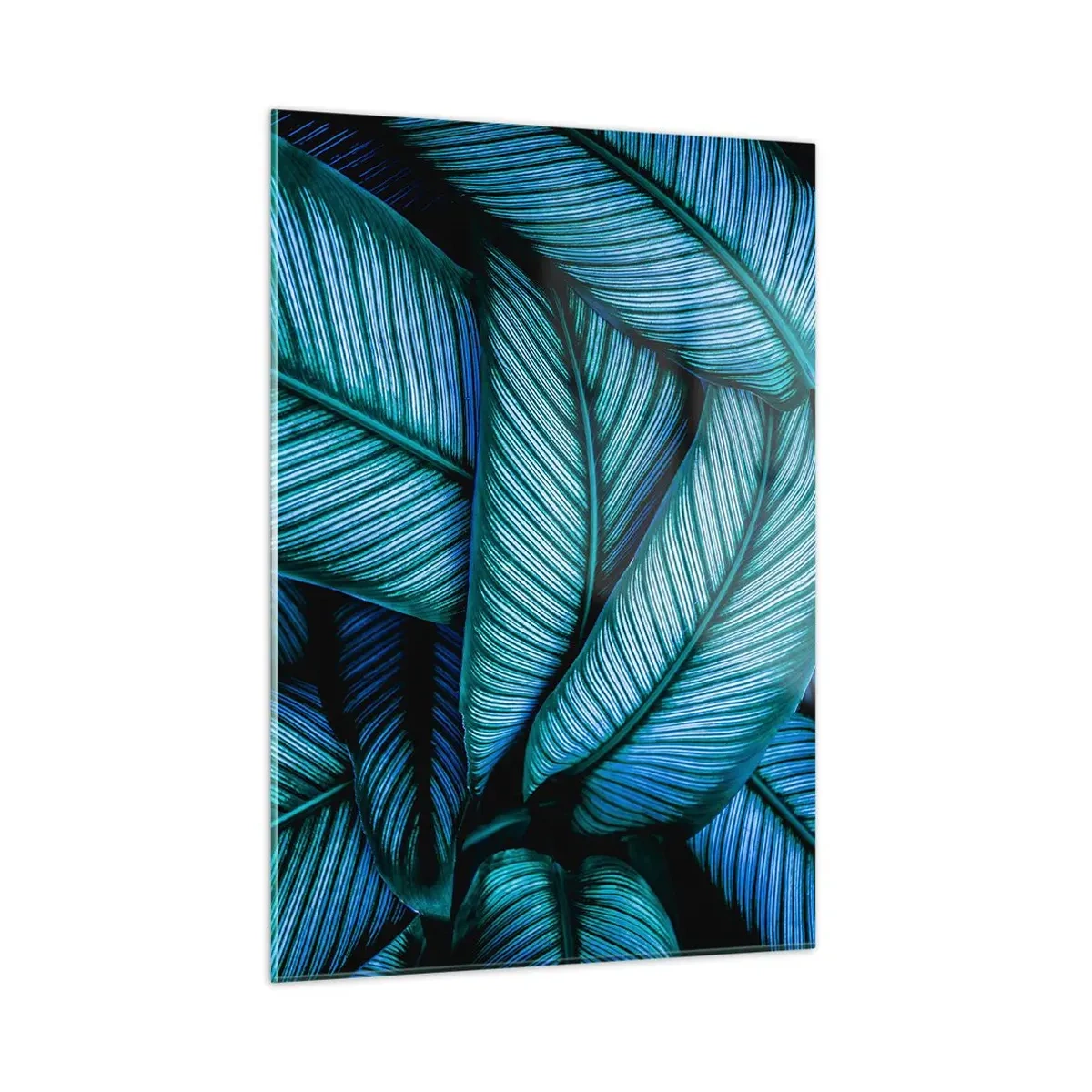 Impression sur verre - Image sur verre - Gros plan de feuilles turquoise à la texture intense. - 50x70cm - Lignes de vie - Décoration murale moderne pour le salon et la chambre ARTTOR