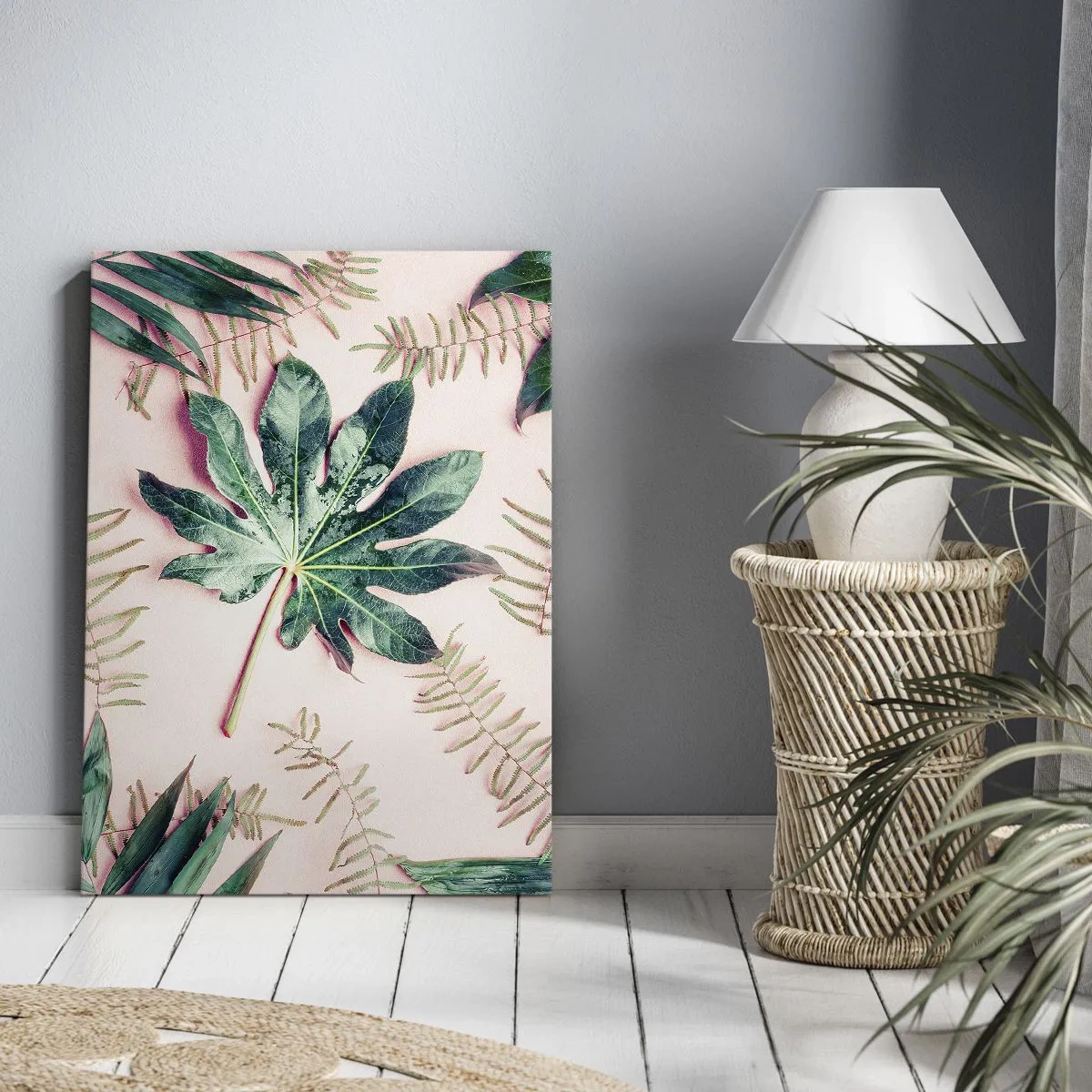 Impression sur toile - Image sur toile - Étude de verdure sur fond rose - 65x120 cm