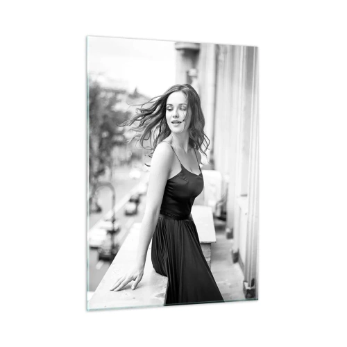 Impression sur verre - Image sur verre - Une femme en robe noire sur un balcon de style parisien - 50x70cm - Certainement un Parisien - Décoration murale moderne pour le salon et la chambre ARTTOR