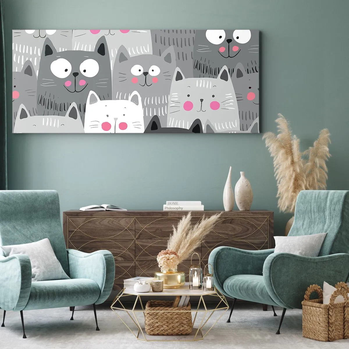 Impression sur toile - Image sur toile - Un motif amusant avec des chats dans des tons de gris - 120x50cm - Le monde des chats - Décoration murale moderne pour le salon et la chambre ARTTOR