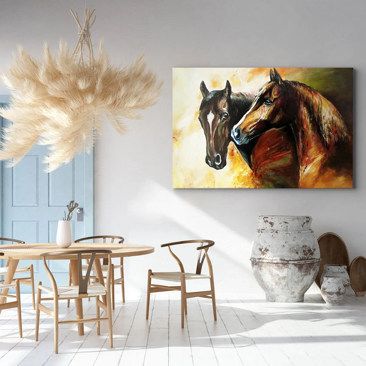 Impression sur toile - Image sur toile - Une paire de chevaux dans une composition picturale - 100x70cm - Deux fois plus gracieux - Décoration murale moderne pour le salon et la chambre ARTTOR