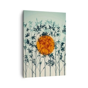 Impression sur toile - Image sur toile - Soleil orange parmi les branches de bambou - 50x70cm - Soleil japonnais - Décoration murale moderne pour le salon et la chambre ARTTOR