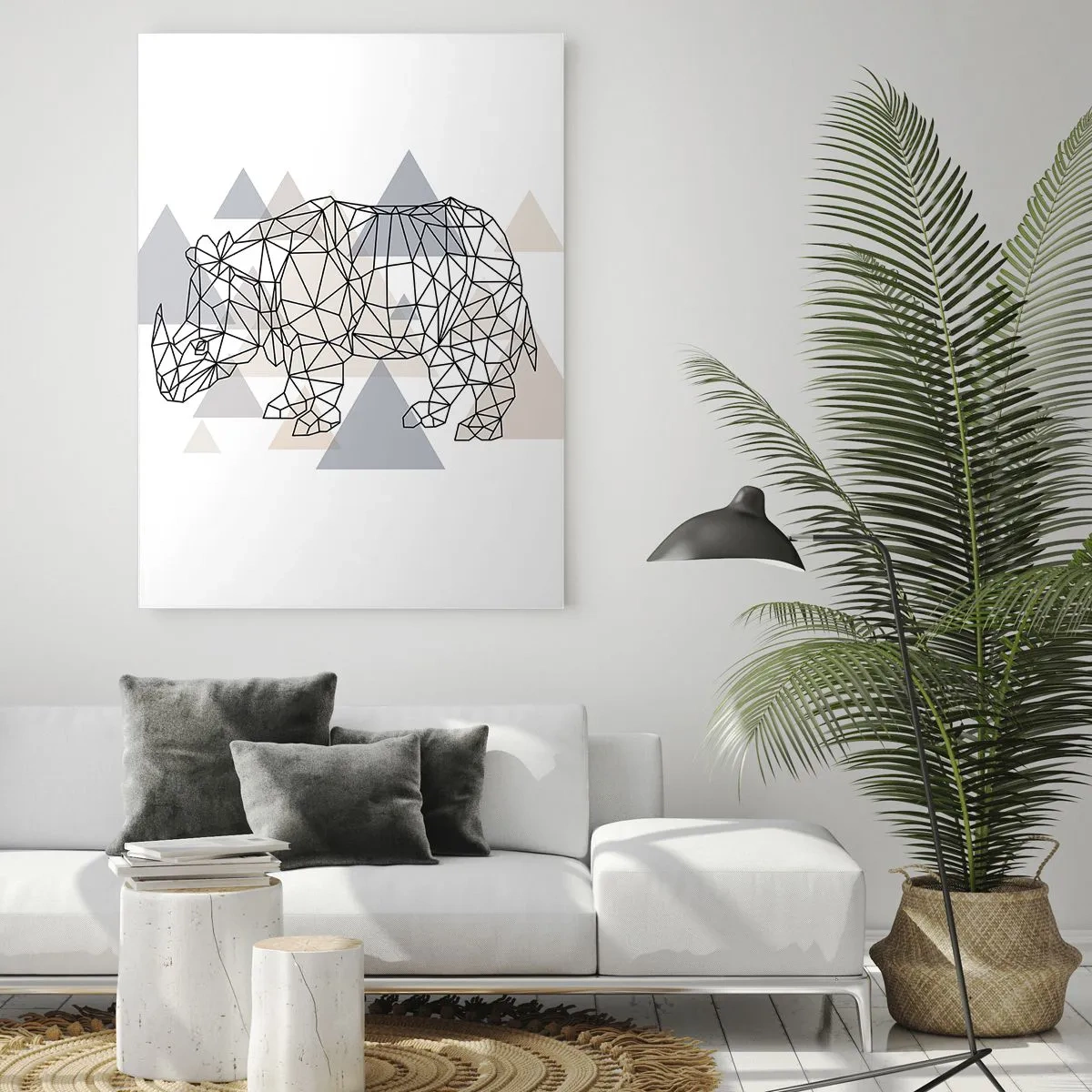 Impression sur verre - Image sur verre - Rhinocéros géométrique sur fond de triangles délicats - 80x120cm - Structure de force - Décoration murale moderne pour le salon et la chambre ARTTOR