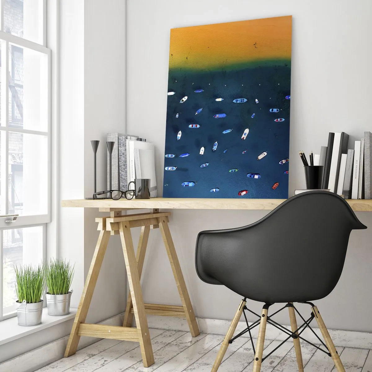 Impression sur verre - Image sur verre - Vue aérienne de bateaux sur l'eau et d'un rivage sablonneux - 80x120cm - Jeu de vacances - Décoration murale moderne pour le salon et la chambre ARTTOR