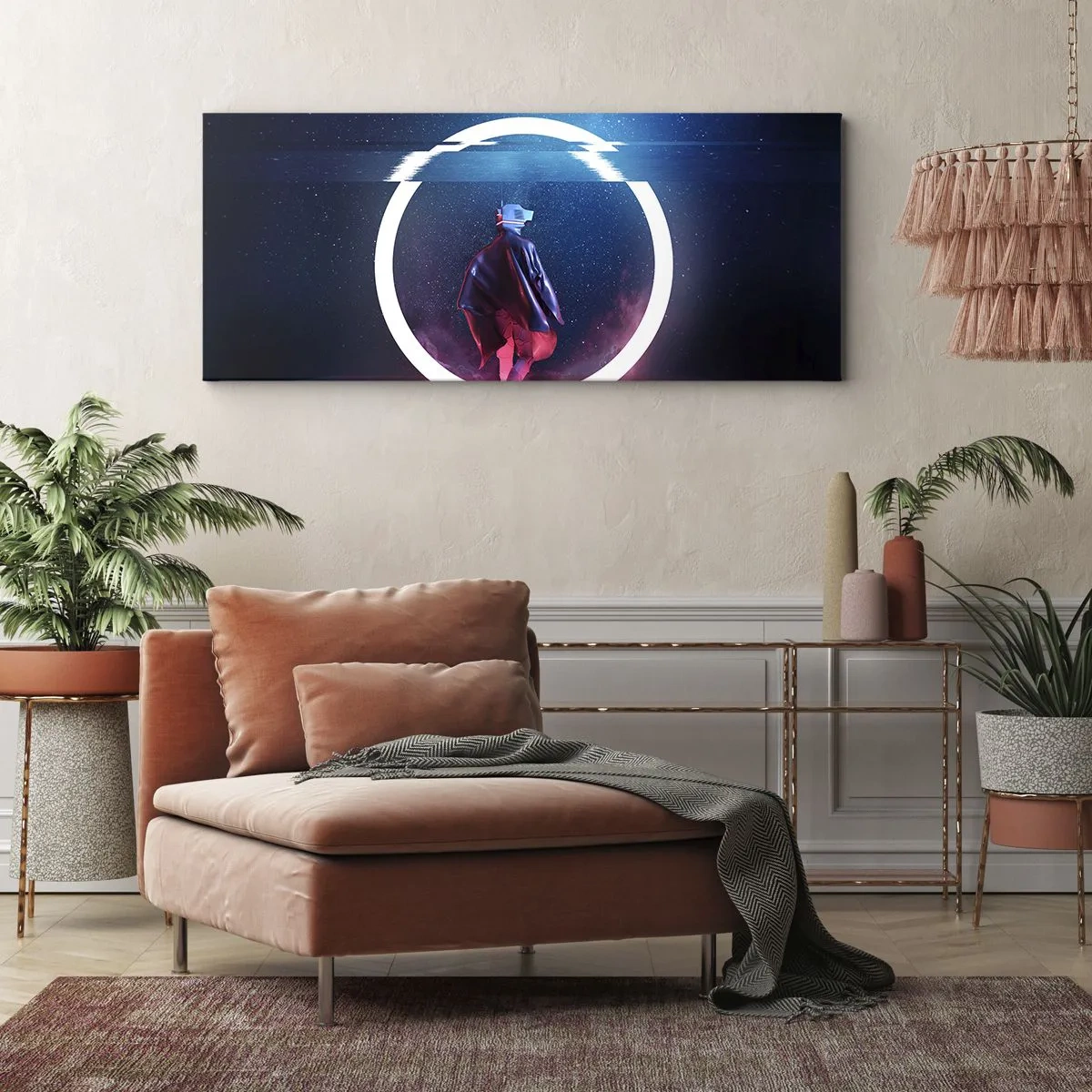 Impression sur toile - Image sur toile - Un personnage dans un environnement futuriste avec un cercle de néon - 160x50cm - Entre deux mondes - Décoration murale moderne pour le salon et la chambre ARTTOR