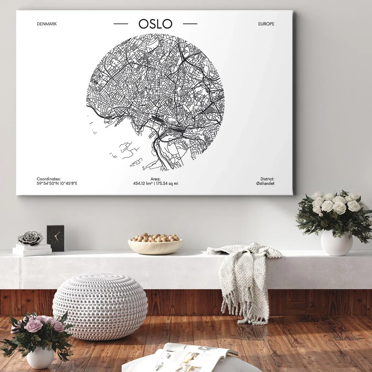 Impression sur toile - Image sur toile - Une carte d'Oslo dans un style minimaliste en noir et blanc. - 70x50cm - Anatomie d’Oslo - Décoration murale moderne pour le salon et la chambre ARTTOR