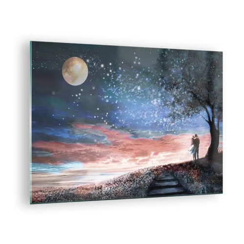 Impression sur verre - Image sur verre - Un couple amoureux sous un arbre avec la lune et les étoiles - 70x50cm - Spectacle étoilé - Décoration murale moderne pour le salon et la chambre ARTTOR