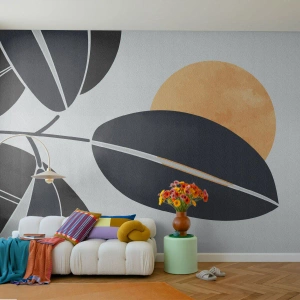 Papier Peint Photo Premium Sand - Feuilles abstraites et soleil orange sur fond clair - 100x70cm - Une chaude journée d'été - Décoration murale moderne pour le salon et la chambre ARTTOR