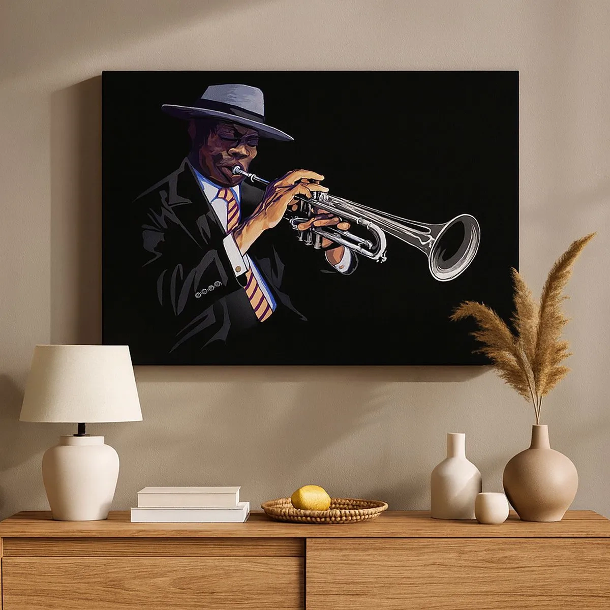 Impression sur toile - Image sur toile - Un musicien jouant de la trompette sur un fond noir - 70x50cm - Le charme de la vieille école - Décoration murale moderne pour le salon et la chambre ARTTOR