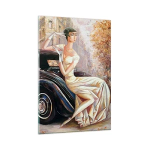Impression sur verre - Image sur verre - Femme rétro à côté d'une voiture classique - 80x120cm - L'élégance dans un style rétro - Décoration murale moderne pour le salon et la chambre ARTTOR