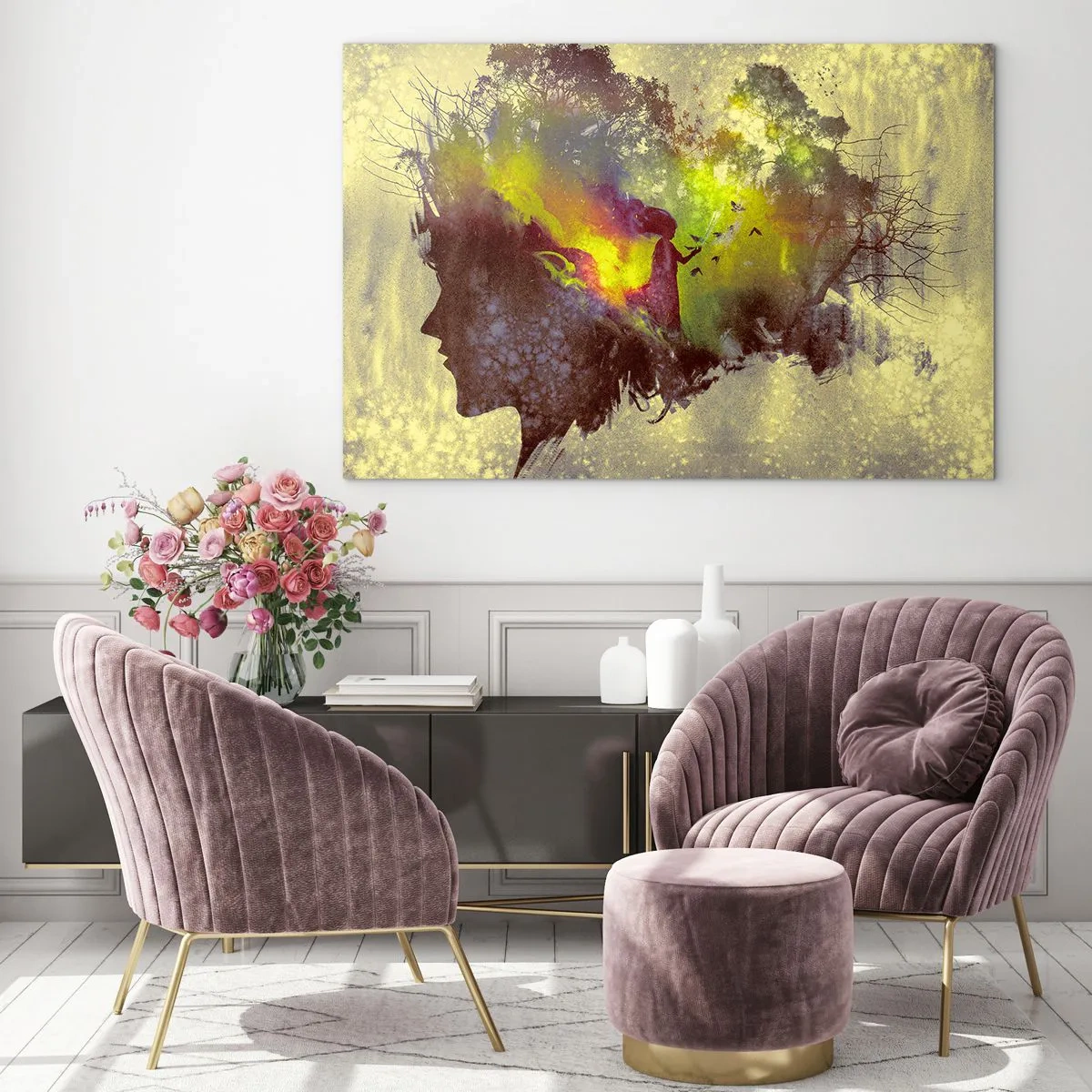 Impression sur verre - Image sur verre - Profil de visage de femme rempli de nature et d'effets colorés. - 70x50cm - Mère Nature - Décoration murale moderne pour le salon et la chambre ARTTOR