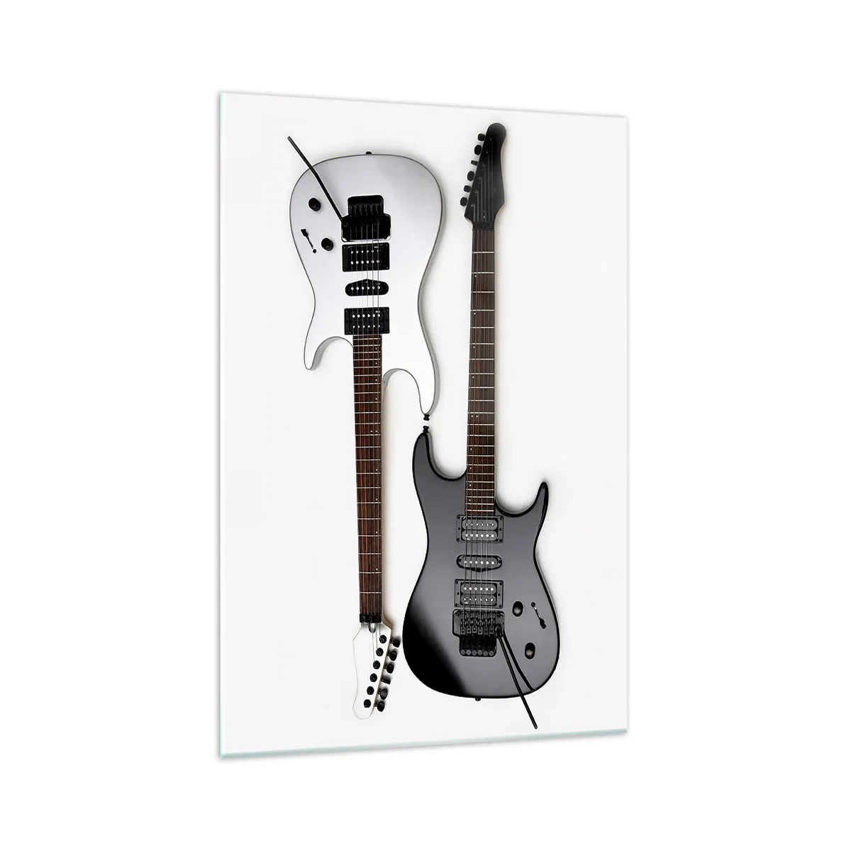 Impression sur verre - Image sur verre - Deux guitares électriques en noir et blanc sur fond clair. - 70x100cm - Harmonie des formes - Décoration murale moderne pour le salon et la chambre ARTTOR