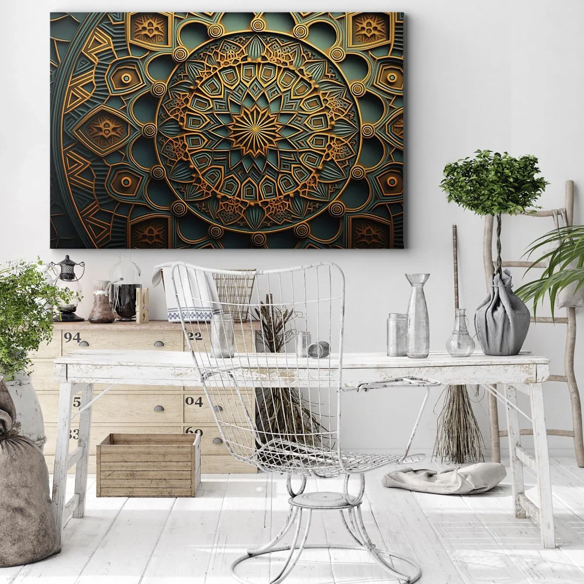 Impression sur toile - Image sur toile - Un mandala doré sur fond turquoise avec des détails riches. - 100x70cm - Dans une ambiance arabe - Décoration murale moderne pour le salon et la chambre ARTTOR