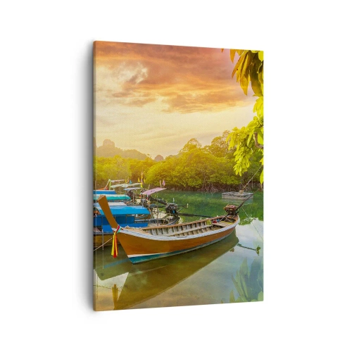 Impression sur toile - Image sur toile - Bateaux traditionnels sur une eau calme au coucher du soleil - 50x70cm - Avant une journée chargée - Décoration murale moderne pour le salon et la chambre ARTTOR