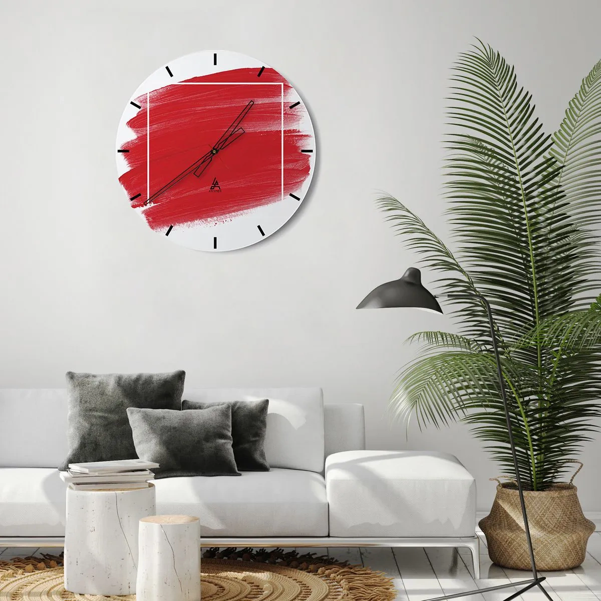 Horloge murale - Pendule murale - Coup de pinceau rouge traversant une bordure blanche - 30x30cm - En dehors du cadre - Décoration murale moderne pour le salon, la cuisine et la chambre ARTTOR