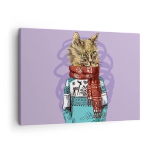 Impression sur toile - Image sur toile - Un chat en pull et écharpe sur fond violet - 70x50cm - Le chat, pas uniquement dans les chaussures - Décoration murale moderne pour le salon et la chambre ARTTOR