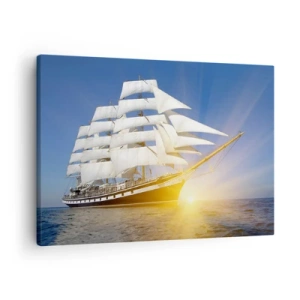 Impression sur toile - Image sur toile - Un voilier en mer à la lumière du soleil couchant - 70x50cm - Leur temps ne passera jamais - Décoration murale moderne pour le salon et la chambre ARTTOR