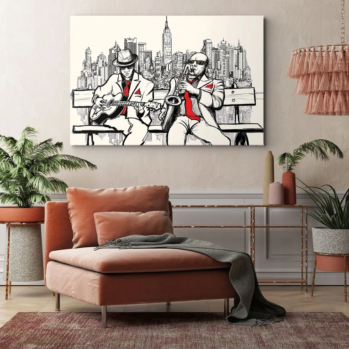 Impression sur toile - Image sur toile - Un duo de jazz avec saxophone et guitare sur fond de ville - 120x80cm - improvisation new-yorkaise - Décoration murale moderne pour le salon et la chambre ARTTOR