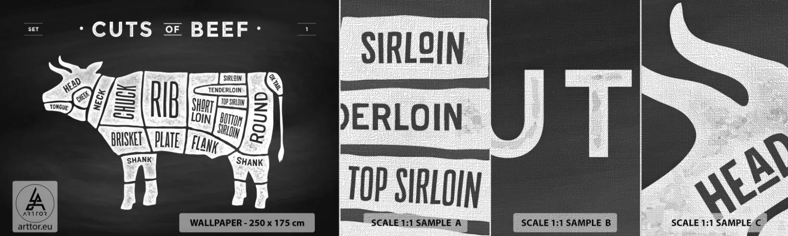 Échantillon de Papier Peint Premium Canvas - L'art de la découpe - La gastronomie, Taureau, Bœuf - 100x30 cm