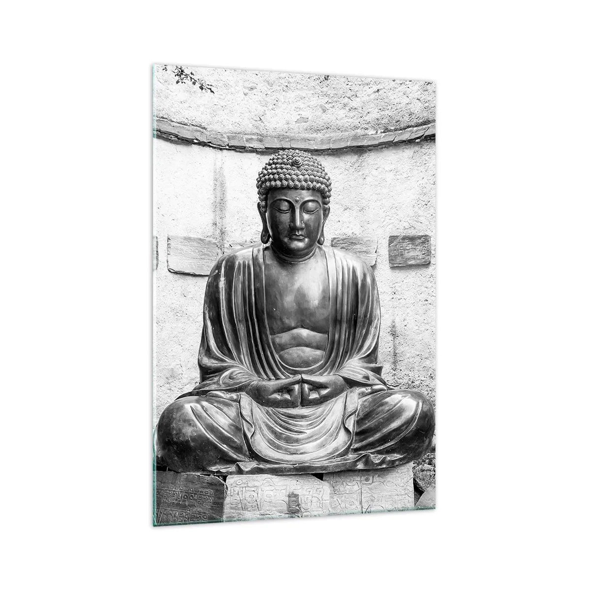 Impression sur verre - Image sur verre - Statue de Bouddha noir et blanc dans une pose méditative - 70x100cm - A la source de la paix - Décoration murale moderne pour le salon et la chambre ARTTOR