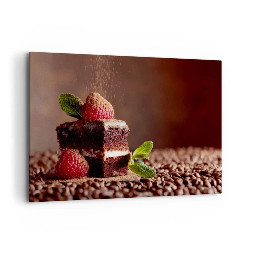 Impression sur toile - Image sur toile - Gâteau au chocolat aux framboises et à la menthe sur fond de fèves de cacao - 120x80cm - La vie est douce - Décoration murale moderne pour le salon et la chambre ARTTOR