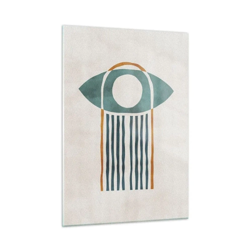 Impression sur verre - Image sur verre - Forme géométrique avec un cercle et des lignes dans les tons de vert et de rouge. - 50x70cm - Signes et rituels - Décoration murale moderne pour le salon et la chambre ARTTOR