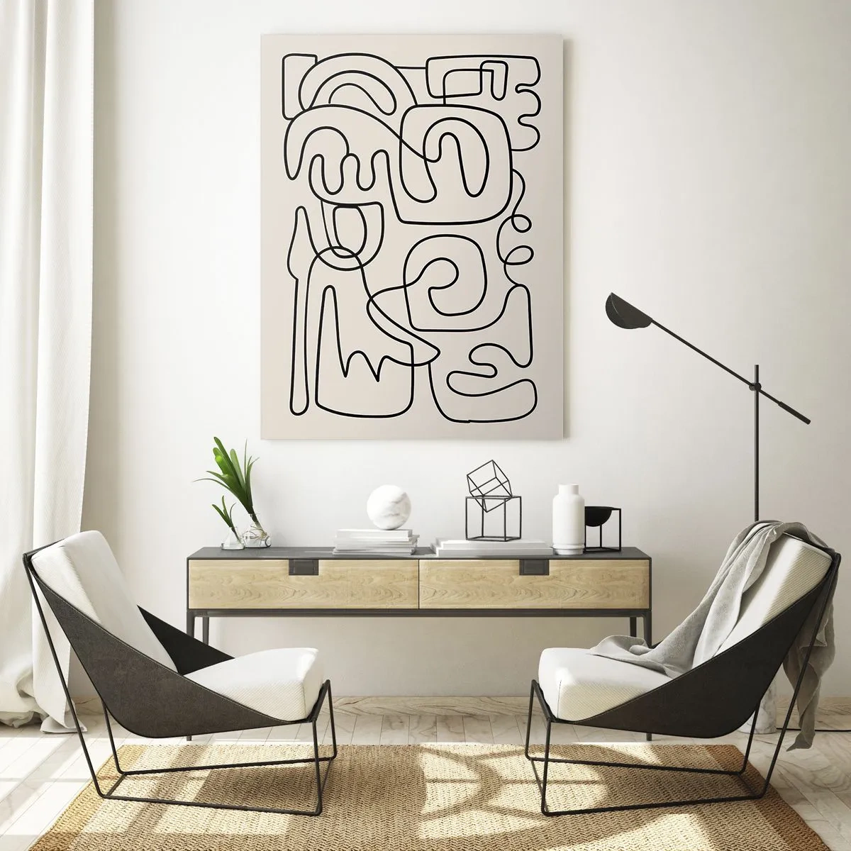 Impression sur verre - Image sur verre - Des lignes abstraites noires forment un motif complexe sur fond beige - 50x70cm - Suivez les indices - Décoration murale moderne pour le salon et la chambre ARTTOR