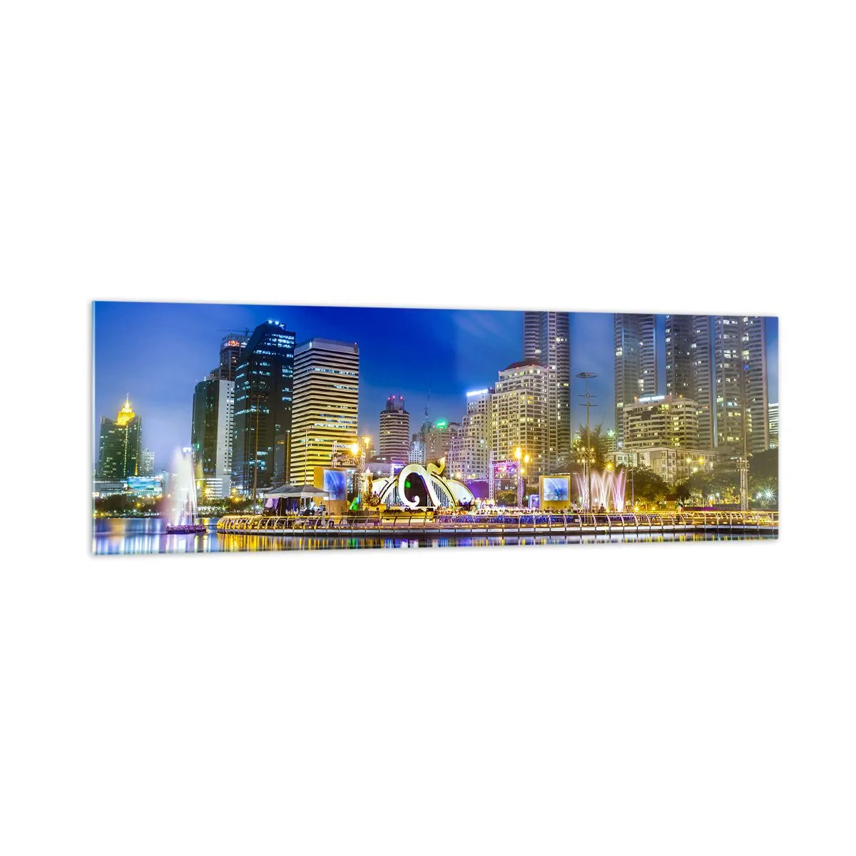 Impression sur verre - Image sur verre - Panorama nocturne de la ville avec les lumières reflétées sur l'eau - 160x50cm - Nuit arc-en-ciel de la métropole - Décoration murale moderne pour le salon et la chambre ARTTOR