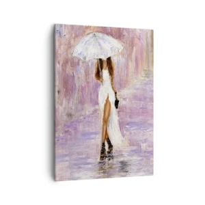 Impression sur toile - Image sur toile - Une femme avec un parapluie marchant sous la pluie dans des tons lilas - 50x70cm - Sous la pluie lilas - Décoration murale moderne pour le salon et la chambre ARTTOR