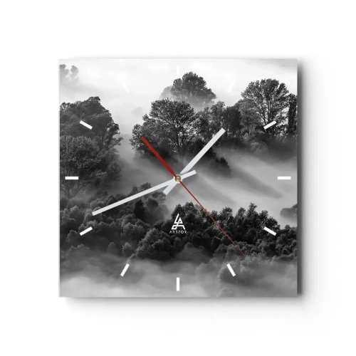 Horloge murale - Pendule murale - Paysage forestier noir et blanc dans le brouillard du matin - 30x30cm - Sortir de son sommeil - Décoration murale moderne pour le salon et la chambre ARTTOR