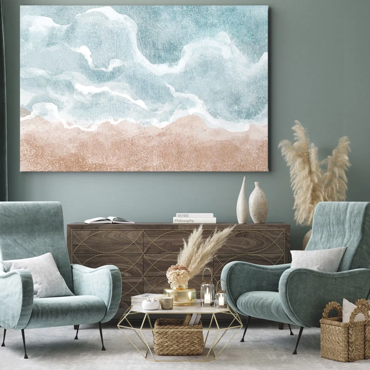 Impression sur toile - Image sur toile - Plage abstraite avec des vagues dans les tons bleus et beiges - 120x80cm - Abstraction du nuage - Décoration murale moderne pour le salon et la chambre ARTTOR