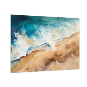 Impression sur verre - Image sur verre - Vue aérienne d'une vague bleue s'écrasant sur un rivage sablonneux - 70x50cm - La vague qui revient - Décoration murale moderne pour le salon et la chambre ARTTOR