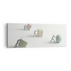 Impression sur toile - Image sur toile - Figurines miniatures poussant des formes sur un fond clair - 140x50cm - Rien que la vie - Décoration murale moderne pour le salon et la chambre ARTTOR