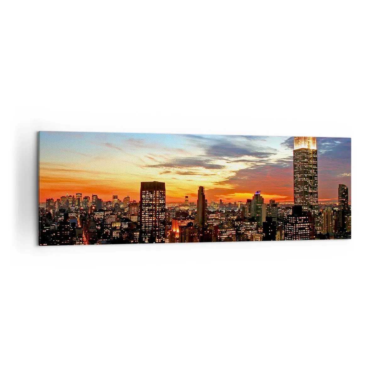 Impression sur toile - Image sur toile - Panorama de la ville avec des gratte-ciel illuminés au crépuscule - 160x50cm - Nuit américaine lumineuse - Décoration murale moderne pour le salon et la chambre ARTTOR
