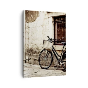 Impression sur toile - Image sur toile - Un vélo contre un mur de pierre avec une fenêtre et une porte de style rétro - 50x70cm - Retour au passé - Décoration murale moderne pour le salon et la chambre ARTTOR