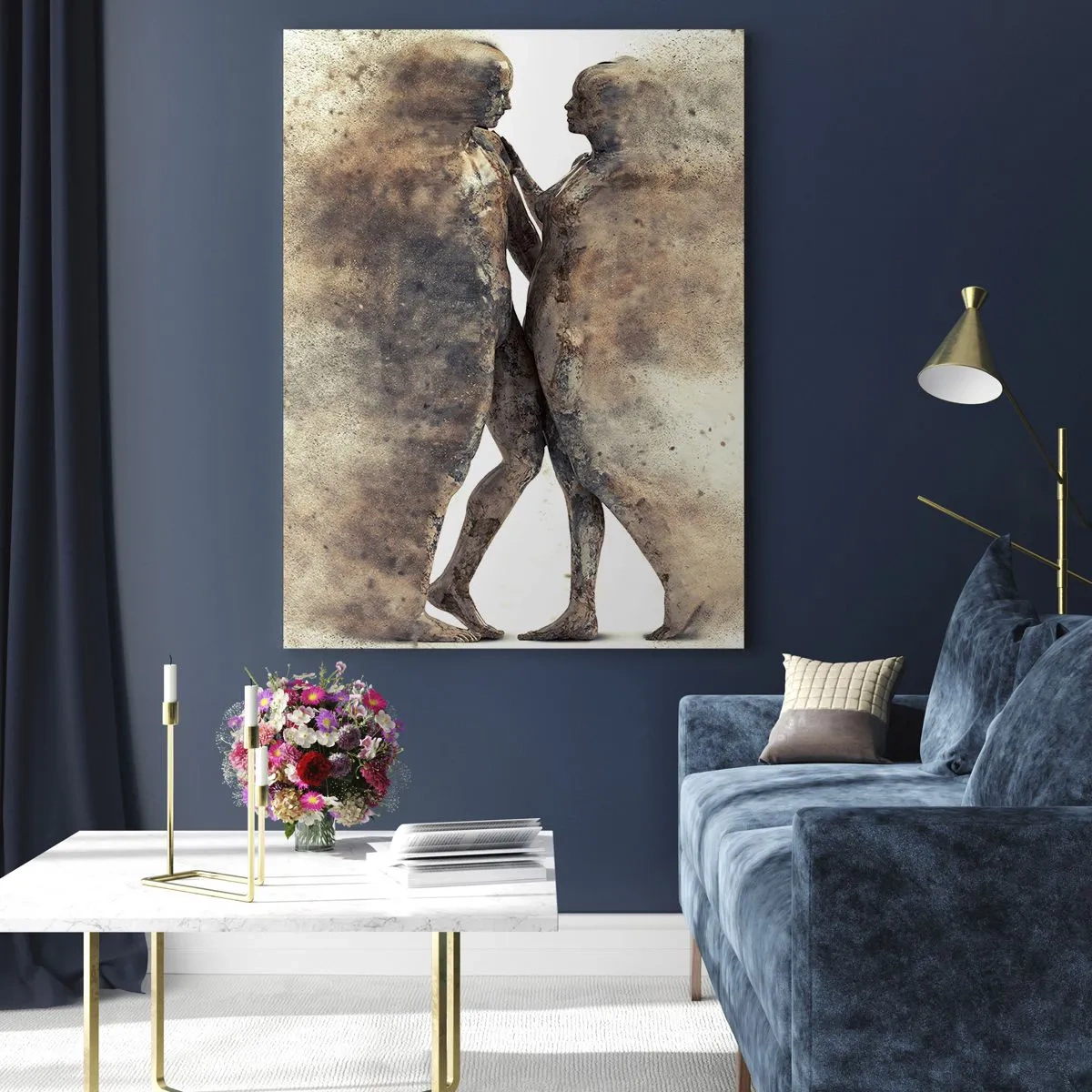 Impression sur verre - Image sur verre - Un duo abstrait de silhouettes aux tons sable - 80x120cm - Ils sont sortis de la poussière pour aimer - Décoration murale moderne pour le salon et la chambre ARTTOR