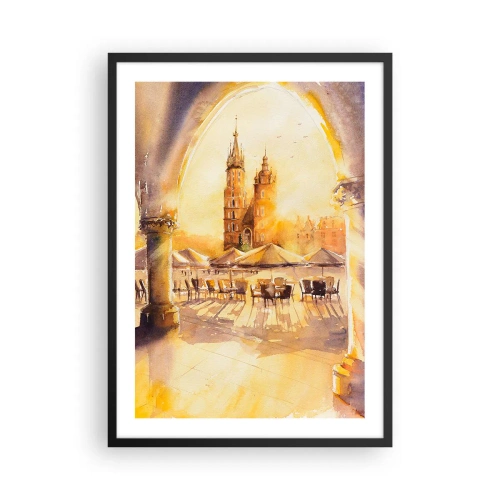 Affiche dans un cadre noir - Poster - Une aquarelle représentant la place du marché de Cracovie au coucher du soleil. - 50x70cm - À l'est, sur la place du marché de Cracovie - Décoration murale moderne pour le salon et la chambre ARTTOR
