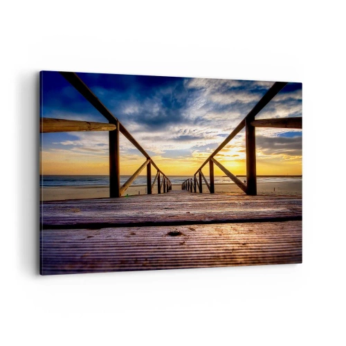 Impression sur toile - Image sur toile - Jetée en bois menant à la plage au coucher du soleil - 120x80cm - Directement sur une plage calme au coucher de soleil - Décoration murale moderne pour le salon et la chambre ARTTOR