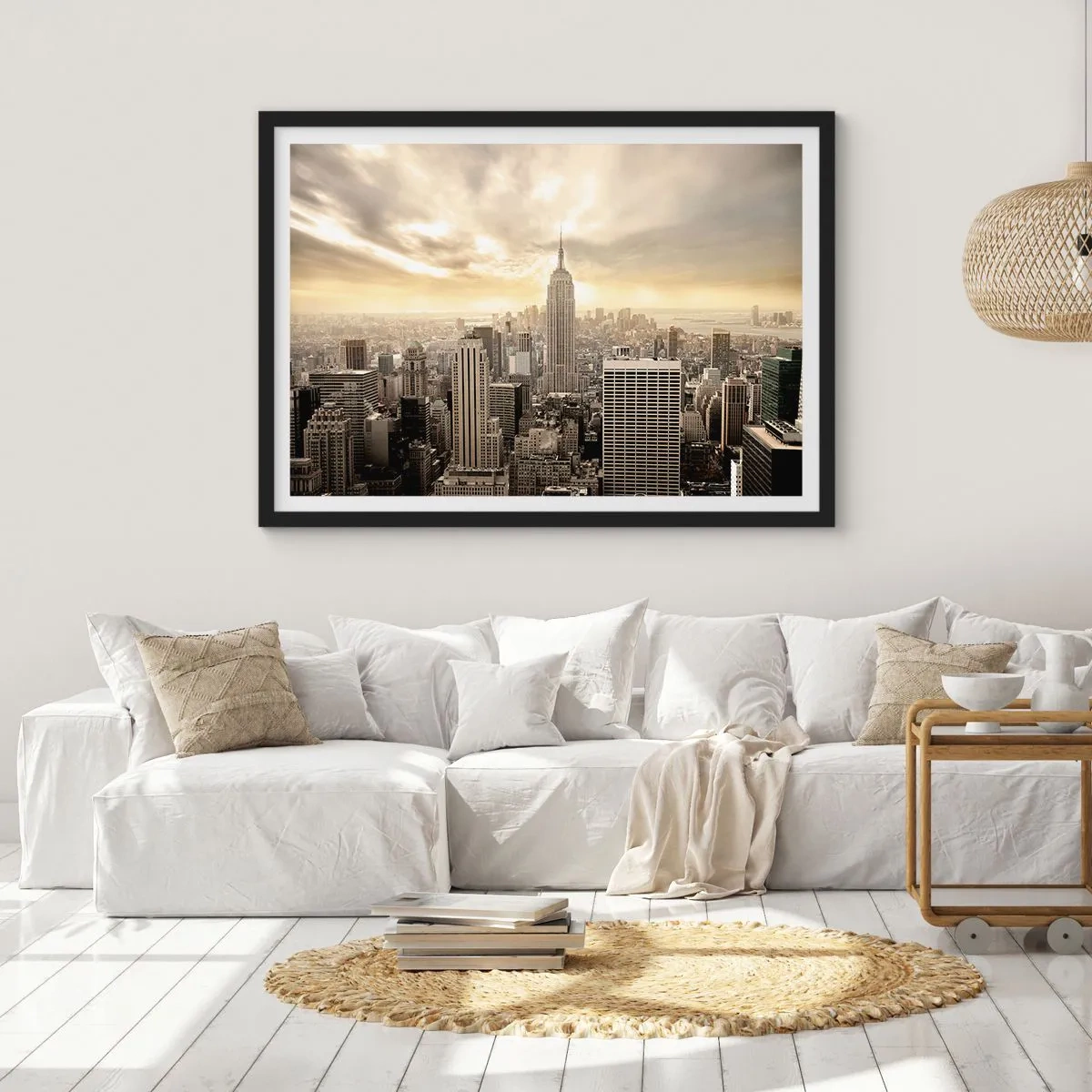 Affiche dans un cadre noir - Poster - Panorama de la ville avec vue sur l'Empire State Building - 70x50cm - New York tissé de gris - Décoration murale moderne pour le salon et la chambre ARTTOR
